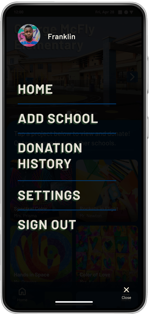 4cdonations mobile app menu screen