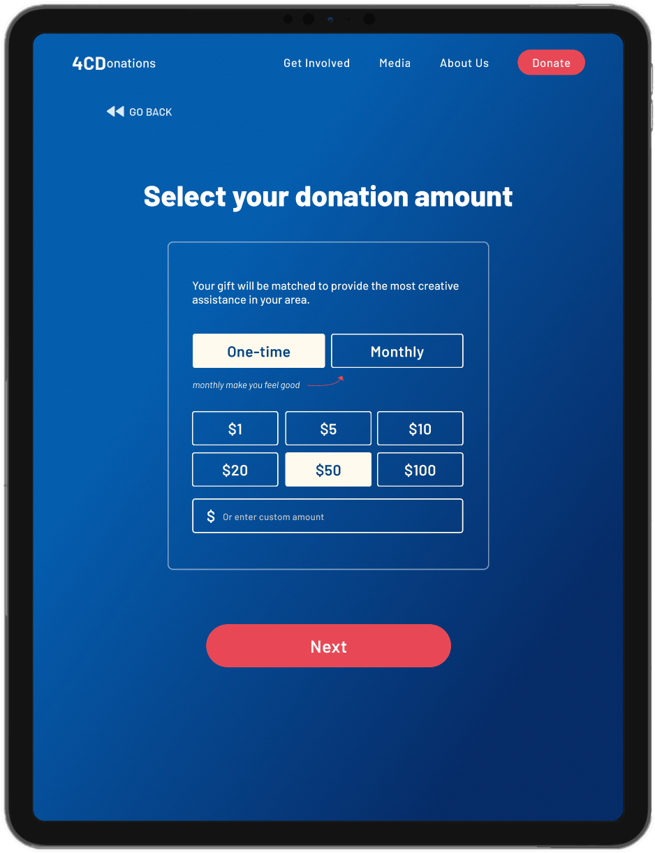 4cdonations tablet website first donate screen