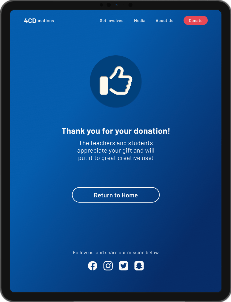4cdonations tablet website success screen