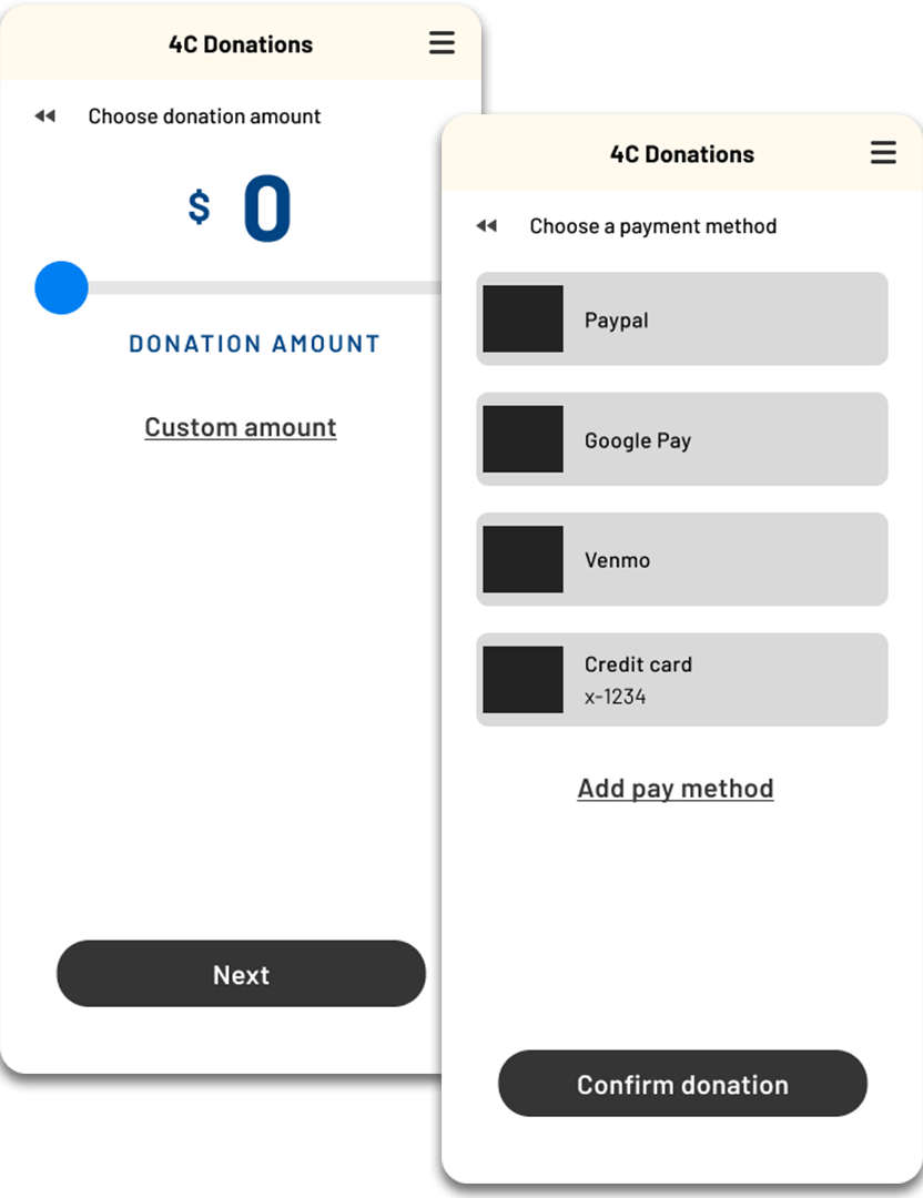 4cdonations, digital lo-fi mobile donation screens